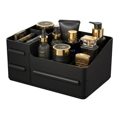 Rasydyn Cologne Organizer top slots provide quick-access perfumes on a neat vanity.