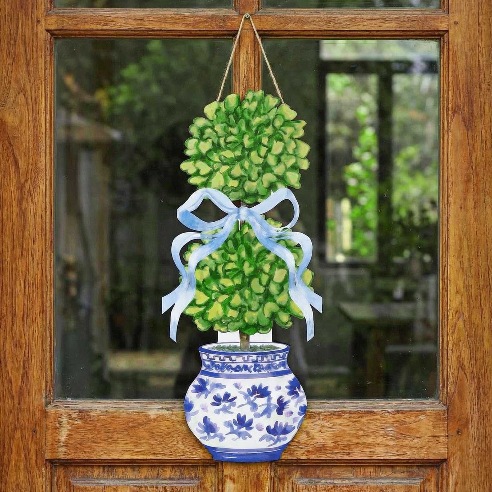 RattanView bonsai door hanger front view, welcoming spring entryway.