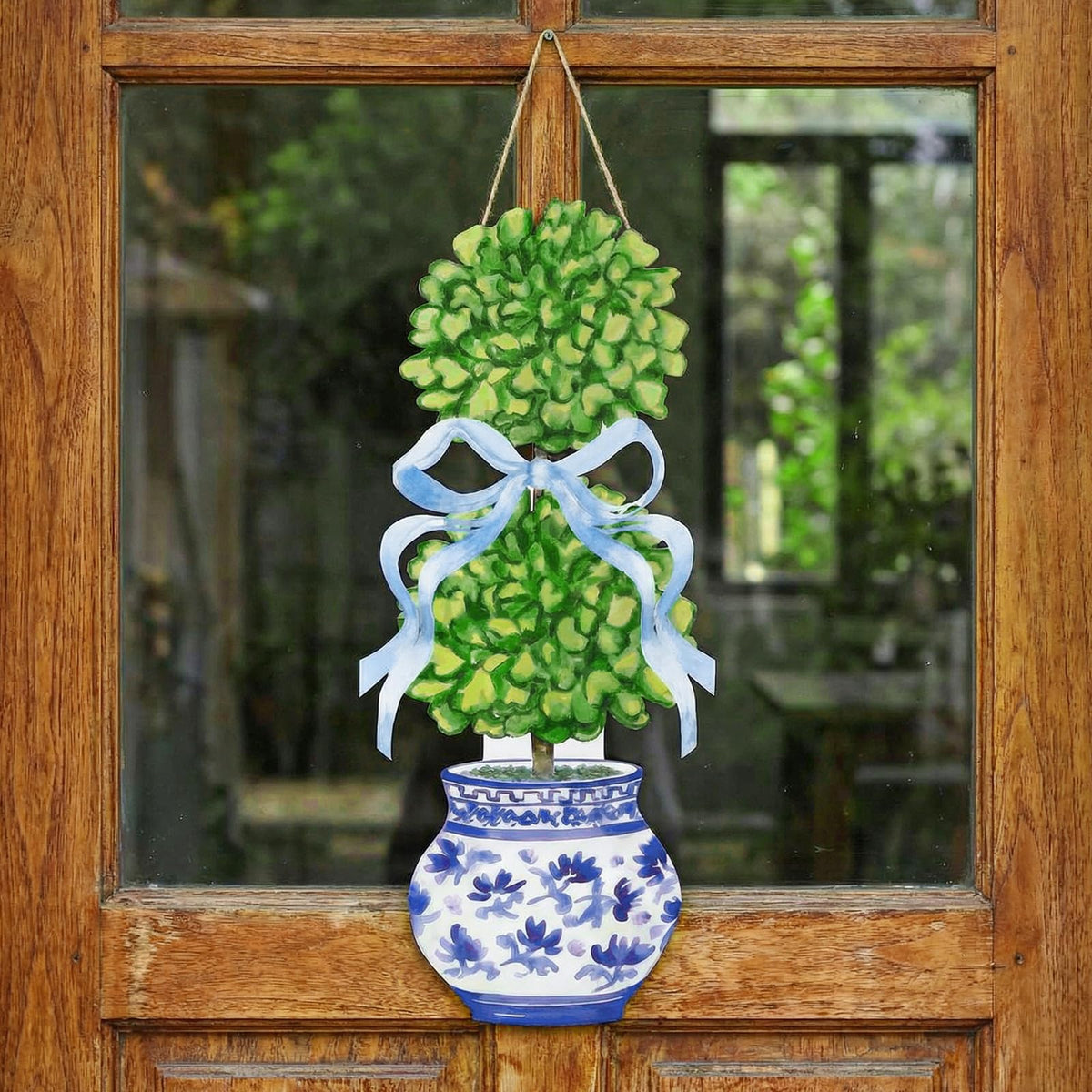 RattanView bonsai door hanger front view, welcoming spring entryway.