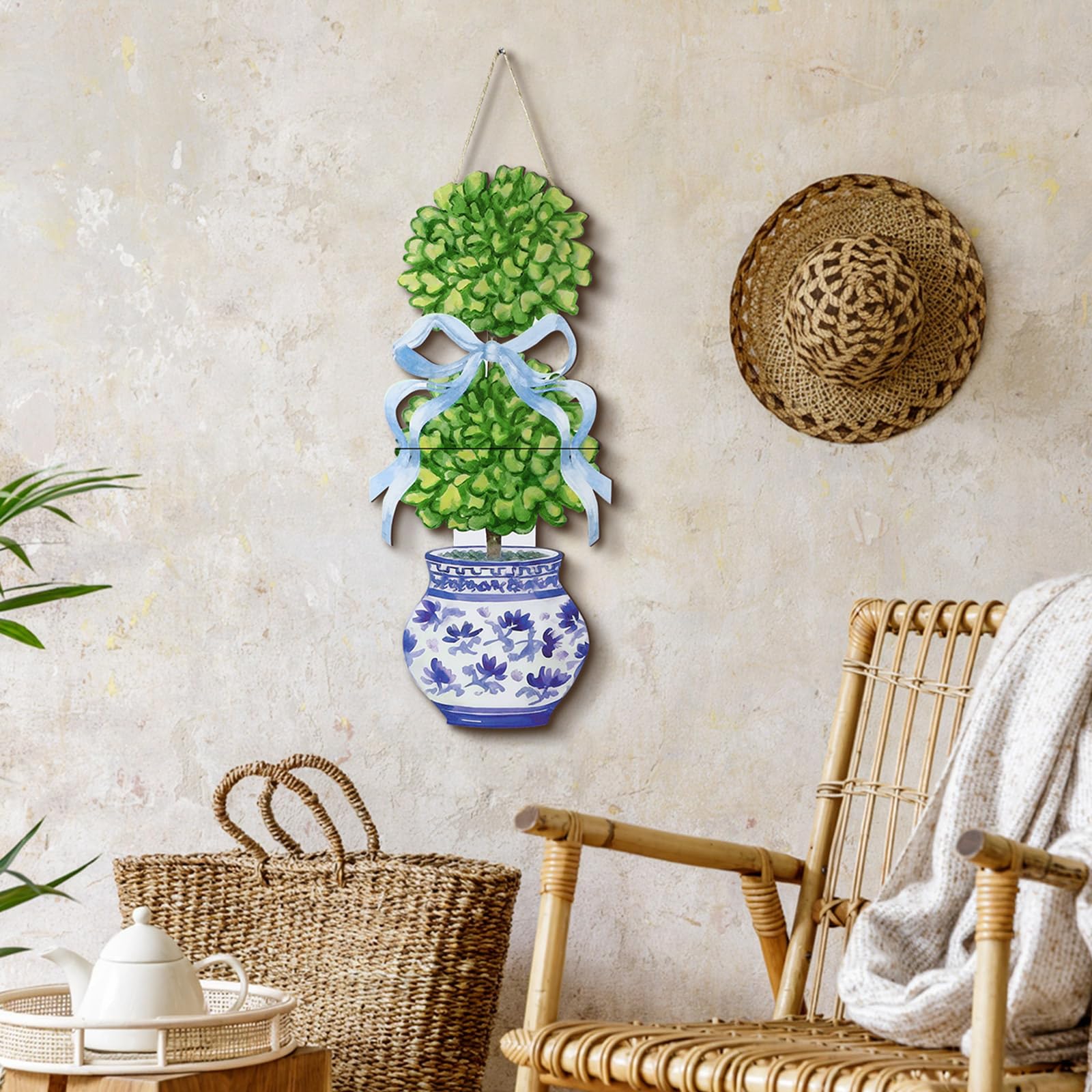 RattanView bonsai door hanger green accents brings a fresh spring vibe.