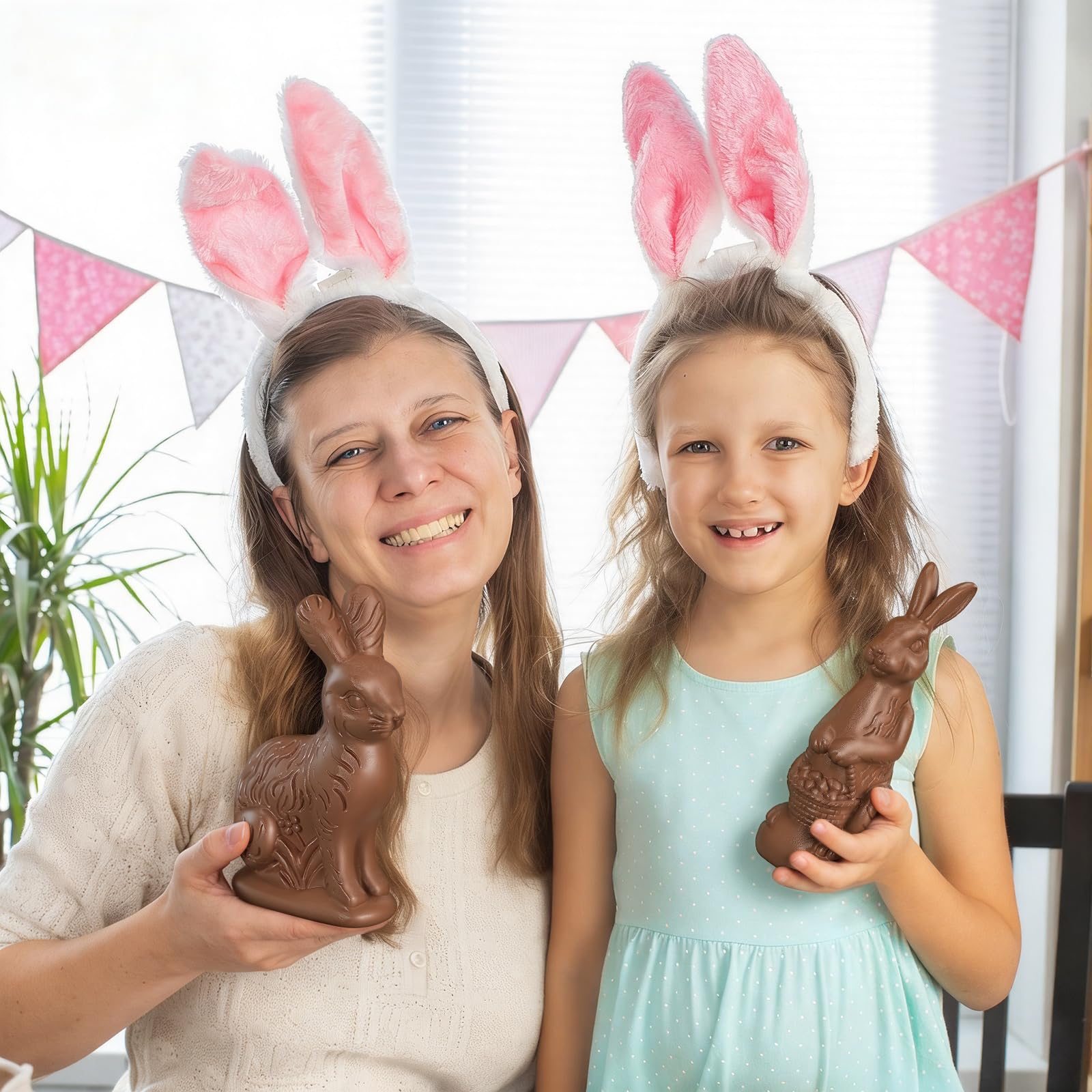 RattanView Easter table centerpiece idea using two bunny figurines.