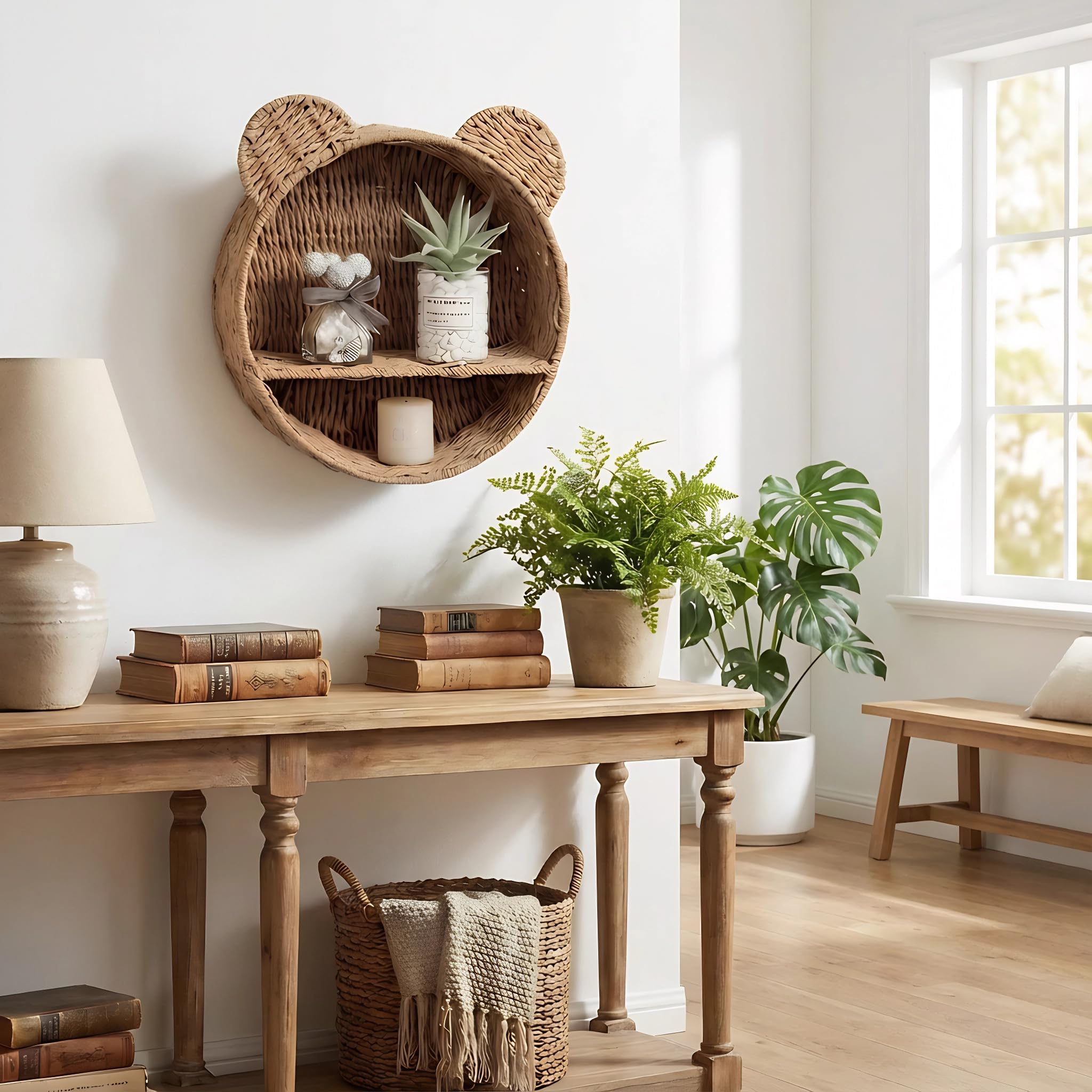 Boho nursery organizer ideal for teddy storage and display.