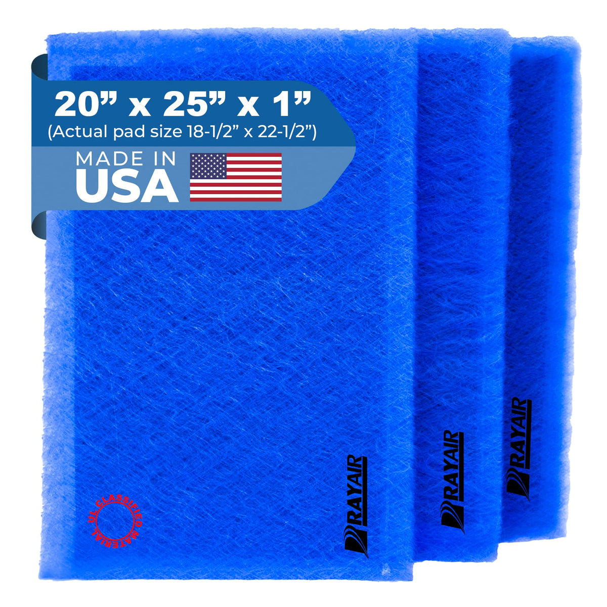 RayAir Supply 20x25 filter pad with activated carbon center for submicron particle capture.