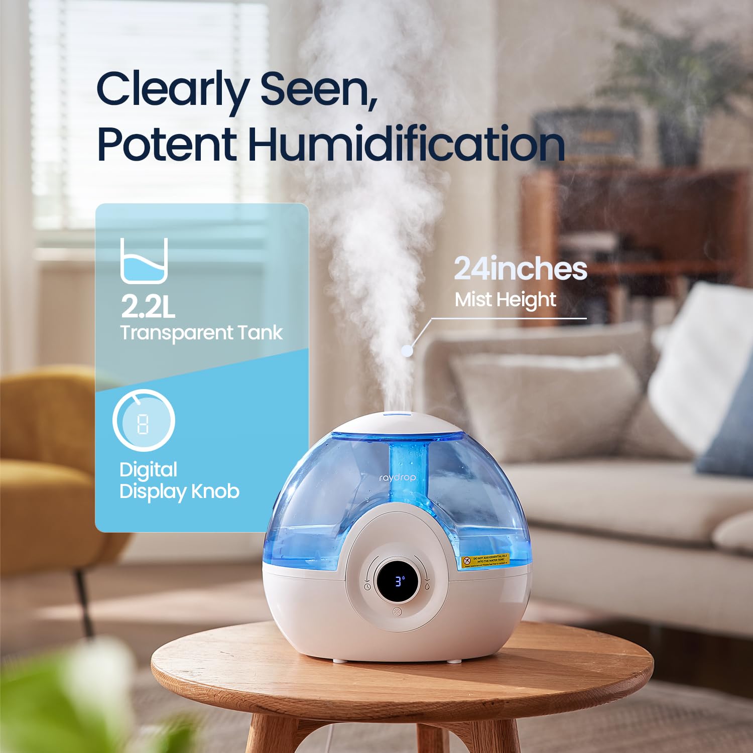 Raydrop 2.2L humidifier digital knob close-up for precise control.