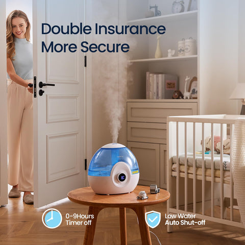 Raydrop 2.2L humidifier mist output showing visible mist in room.