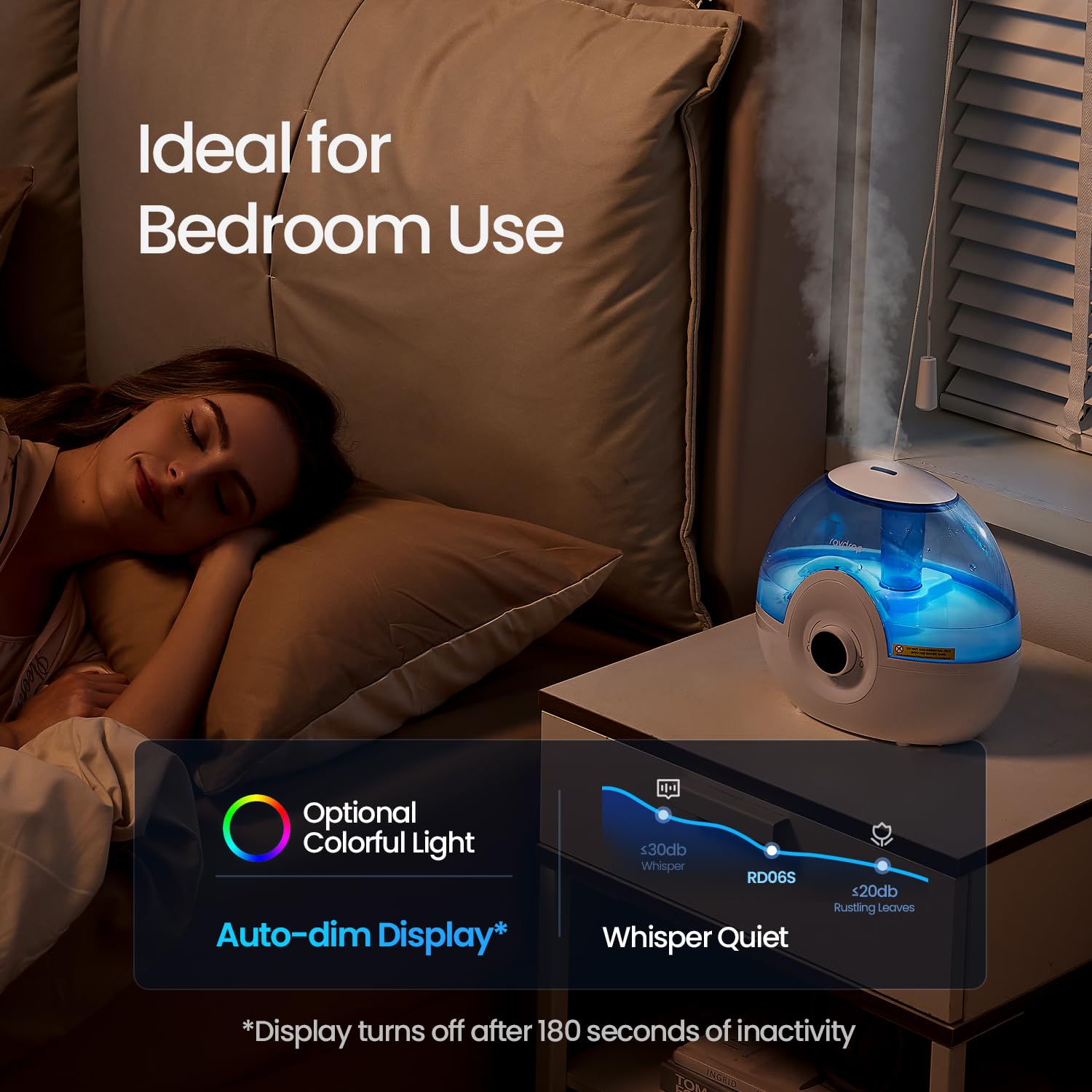 Raydrop 2.2L humidifier night light adds ambient glow.