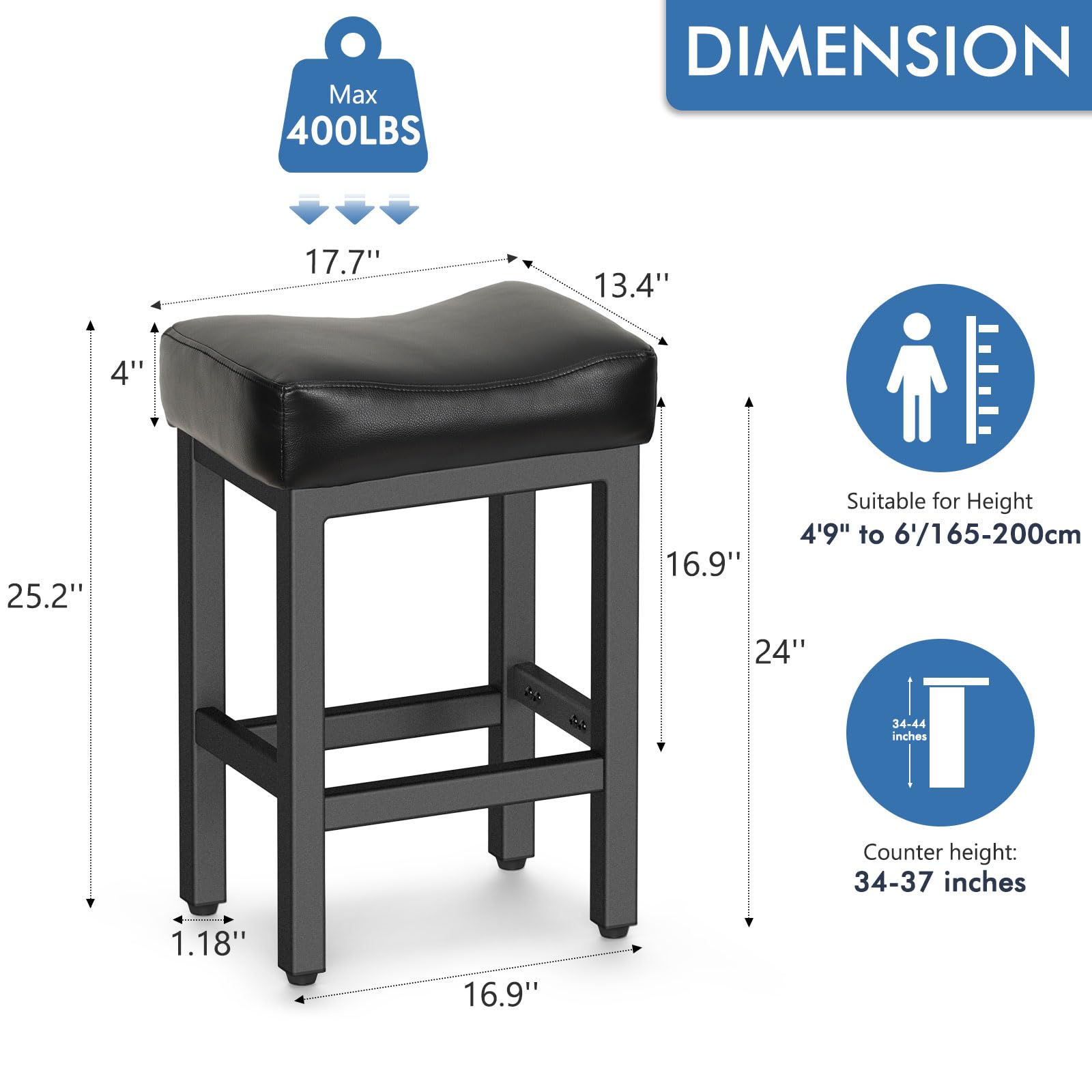 Raynesys all-black bar stool with heavy-duty metal base providing stable support on uneven floors.