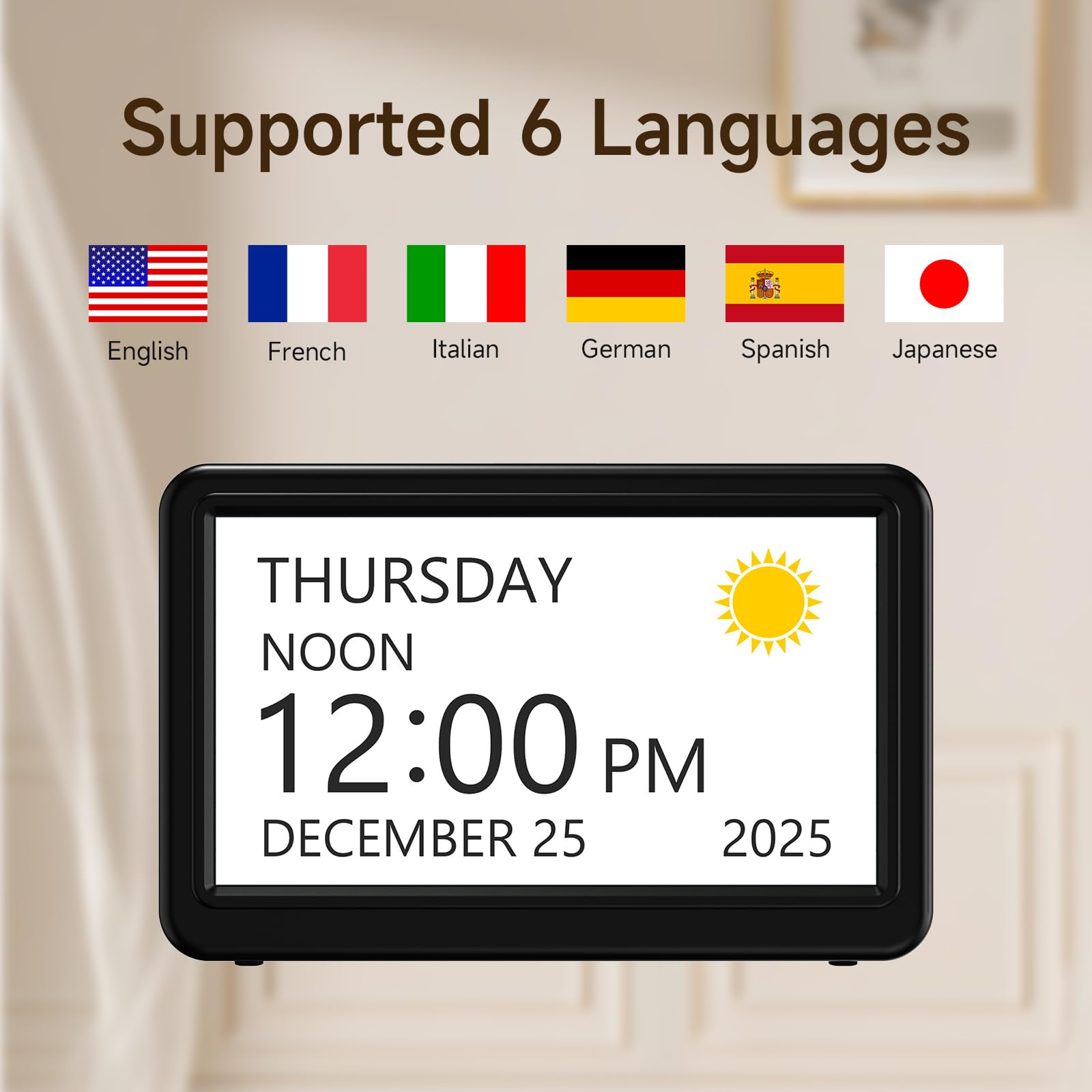 Raynic Date Clock dimming control: gentle lighting adjust for comfortable viewing.