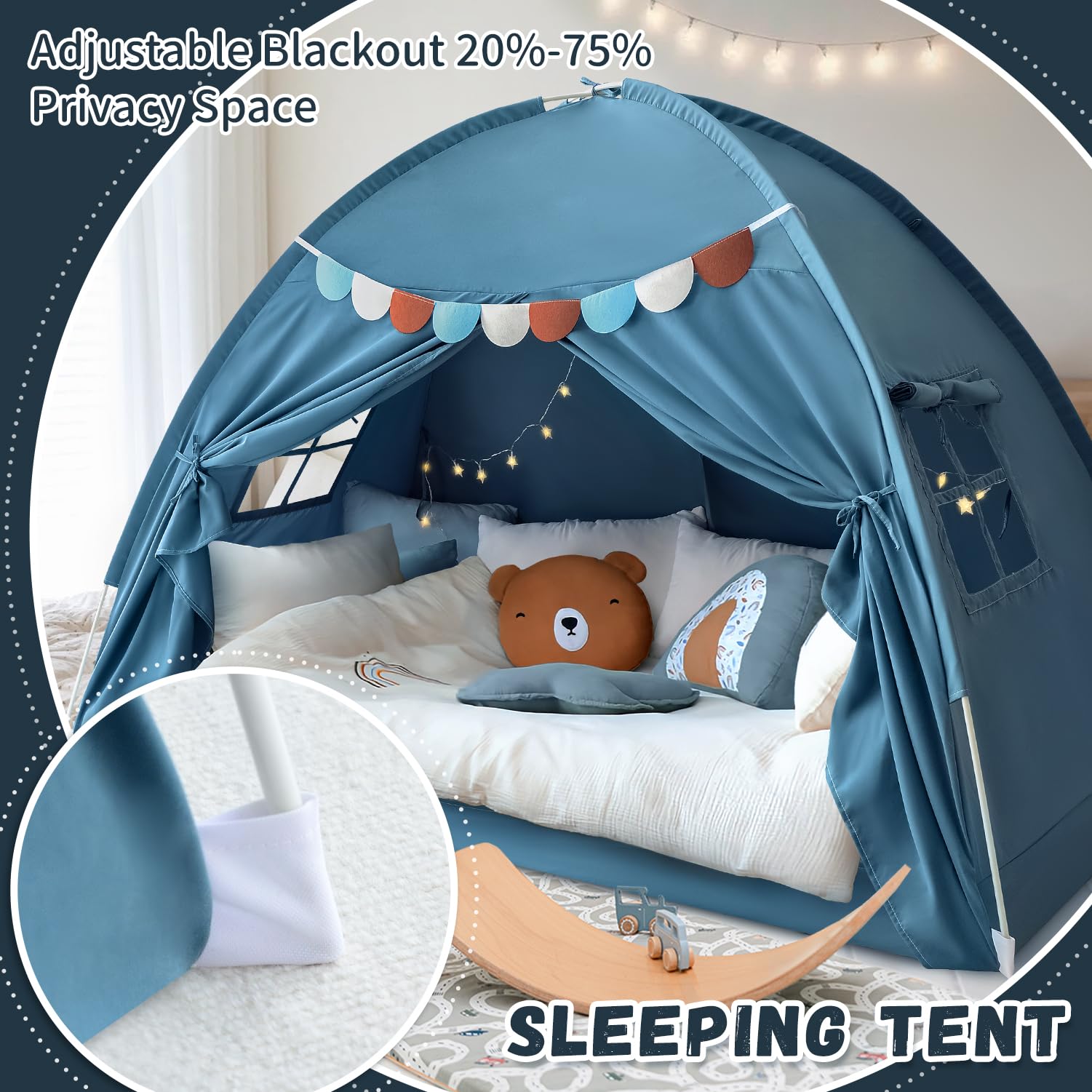 Blue jean color canopy adds playful style to beds.