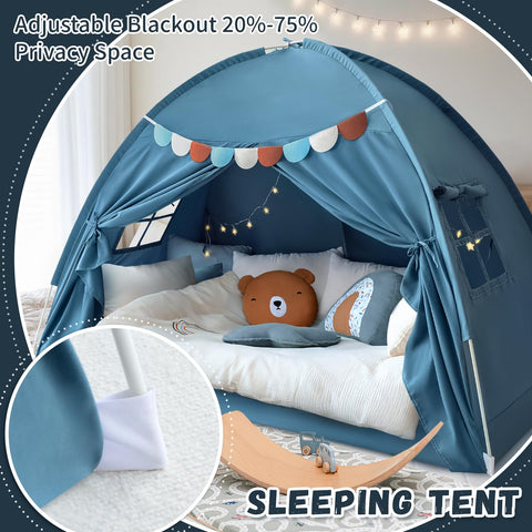 Blue jean color canopy adds playful style to beds.
