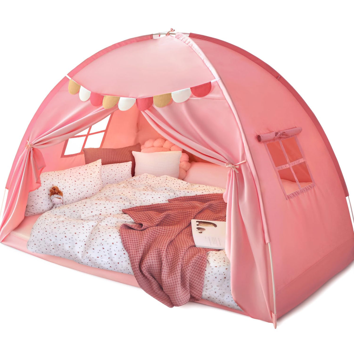 Razee full-size bed canopy pink tent with pennant banners for cozy privacy and play
