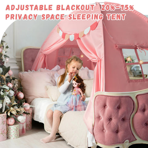 Razee pink tent with pennant banners adds playful bedroom decor