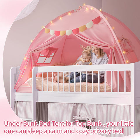 Razee pink side view demonstrates compact play space under a bunk bed