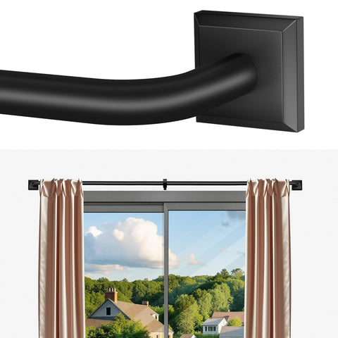 RBYCOS black curtain rod 66-120in with wrap-around design for room darkening.