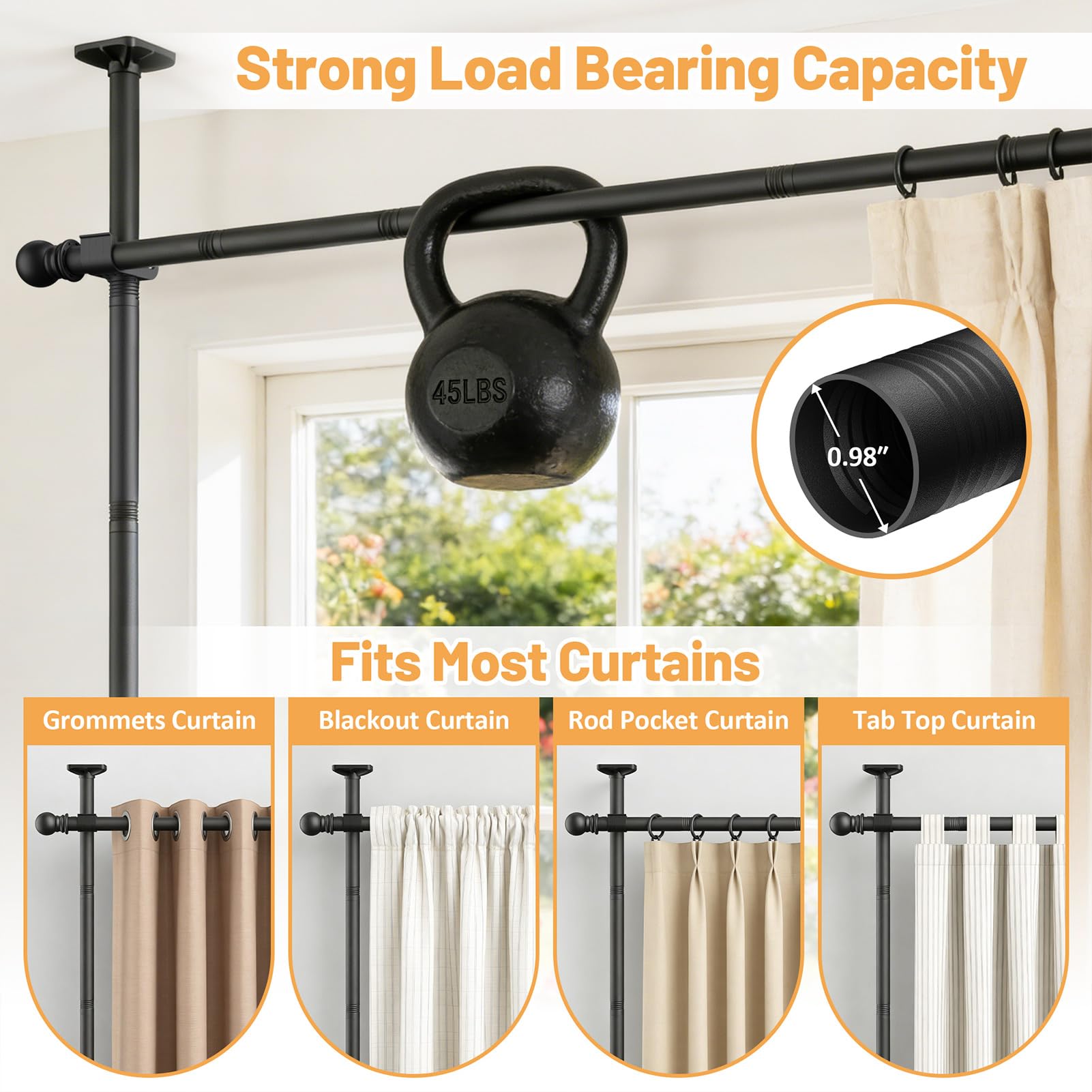 Rdiorry heavy-duty rod assembly supports heavy curtains while preventing sag for durable use.