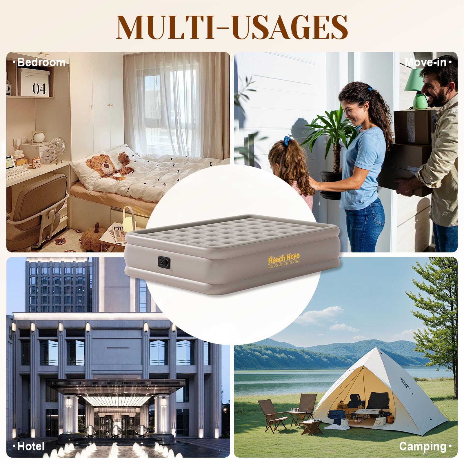 REACH HOPE air mattress compact with carrying bag for travel.