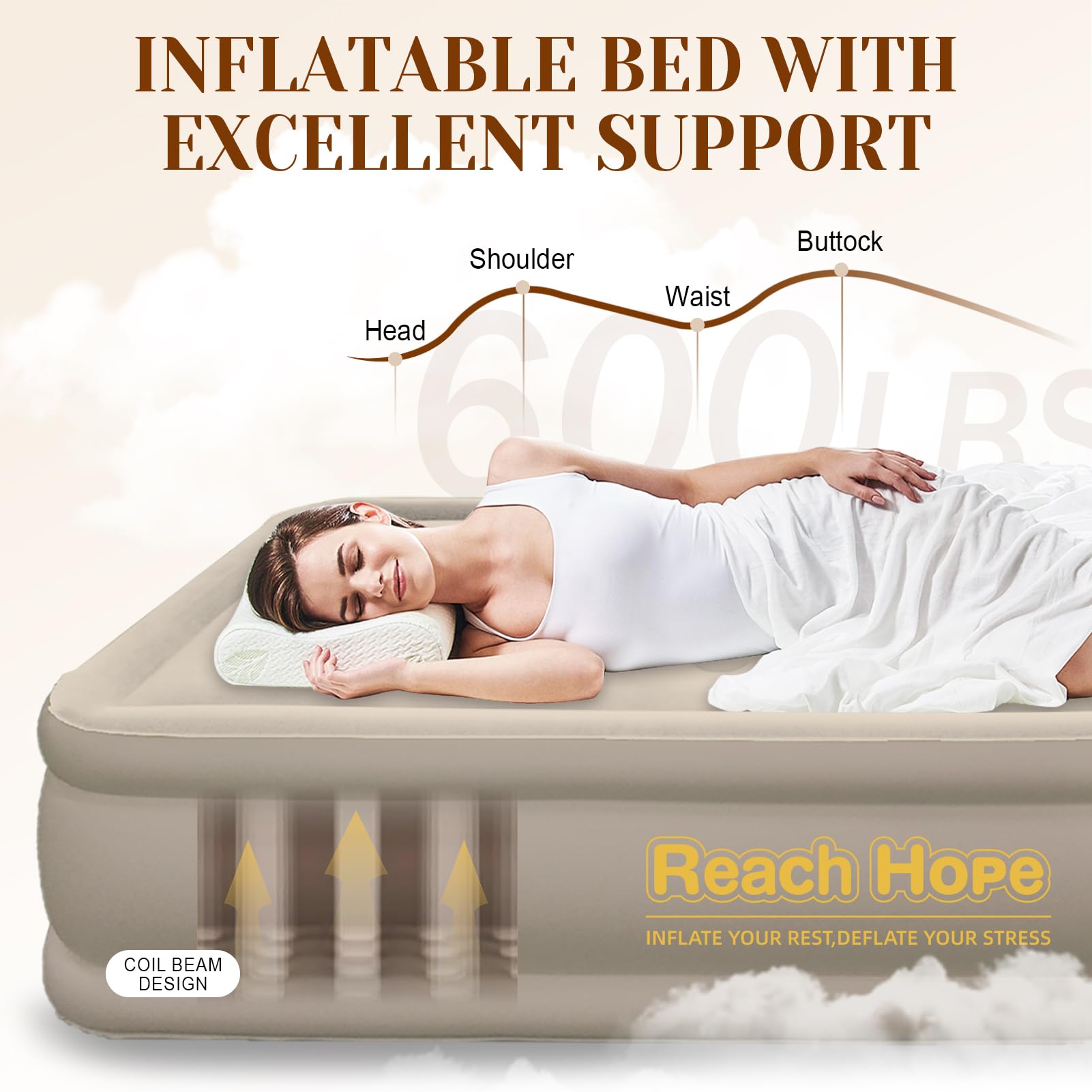 REACH HOPE air mattress with dual air chambers for balanced support.