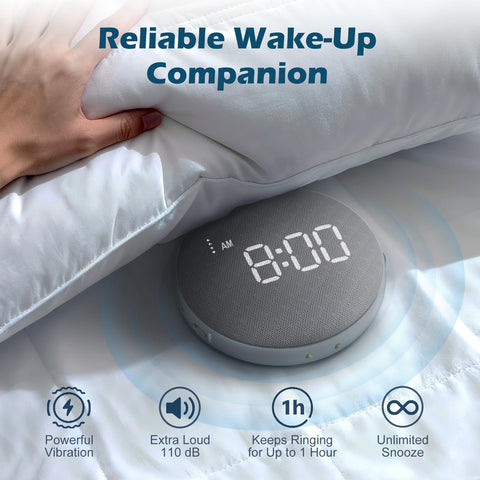 REACHER alarm clock shows high decibel alert with powerful vibration for heavy sleepers.