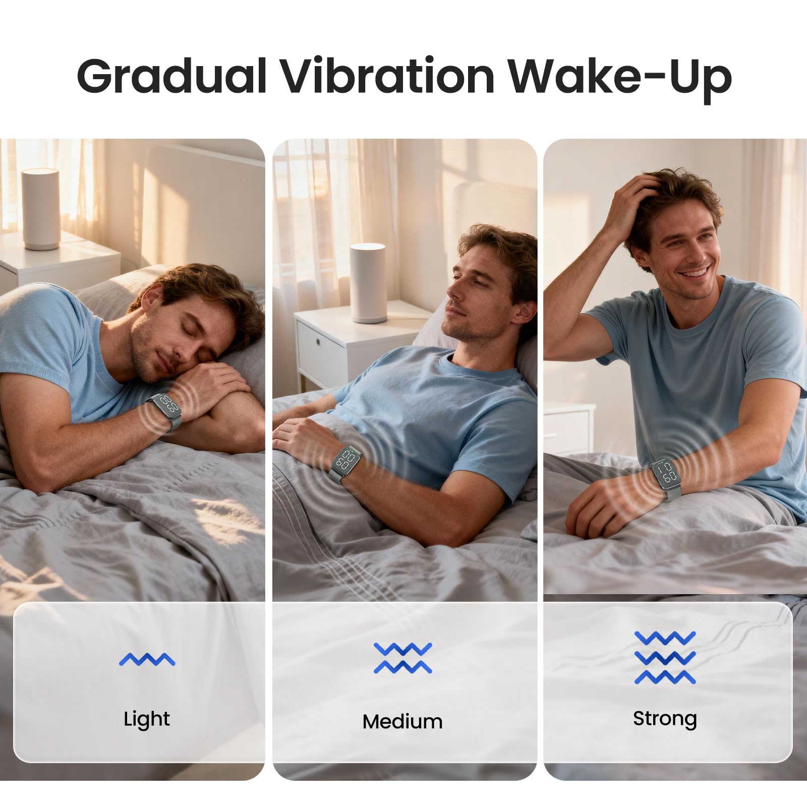 REACHER vibrating alarm clock watch on wrist demonstrates discreet wake-up in bed