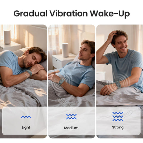 REACHER vibrating alarm clock watch on wrist demonstrates discreet wake-up in bed