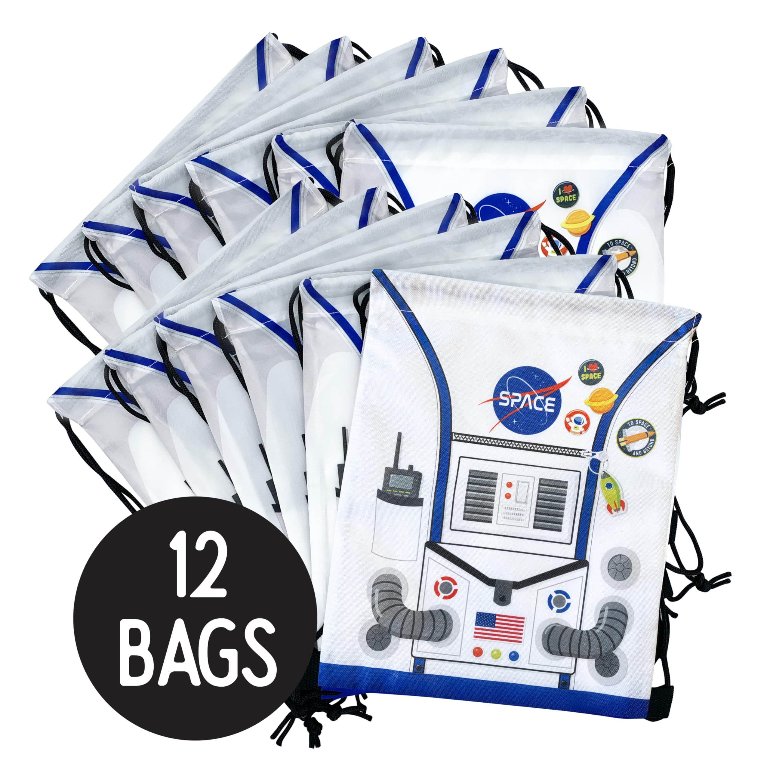 Ready Confetti galaxy explorer graphics on reusable bags perfect for gift distribution.