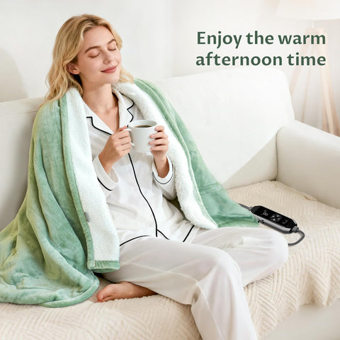 Reaks heated blanket throw on sofa for a cozy night.