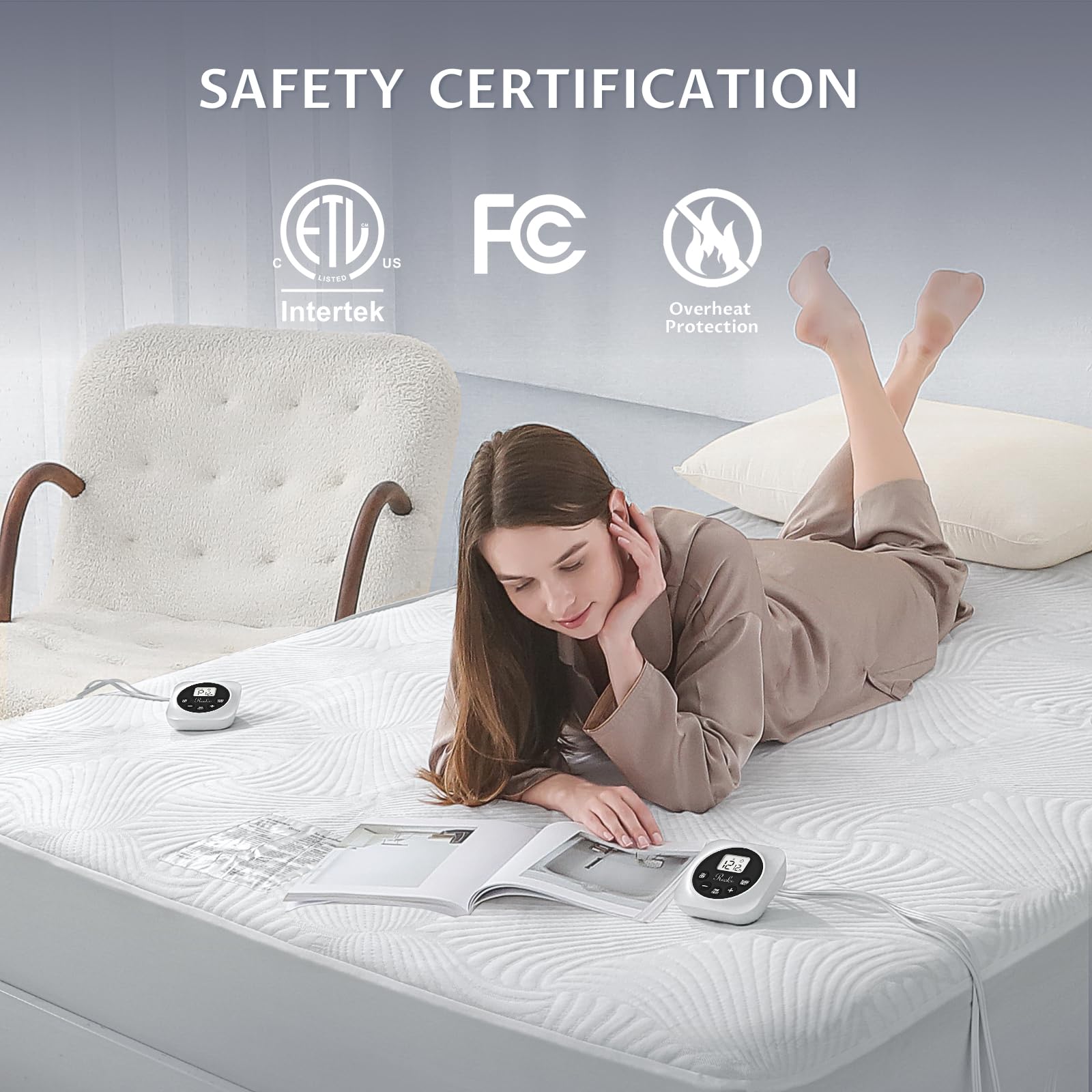 Reaks king-size heated mattress pad close-up shows cushioned surface and even heat