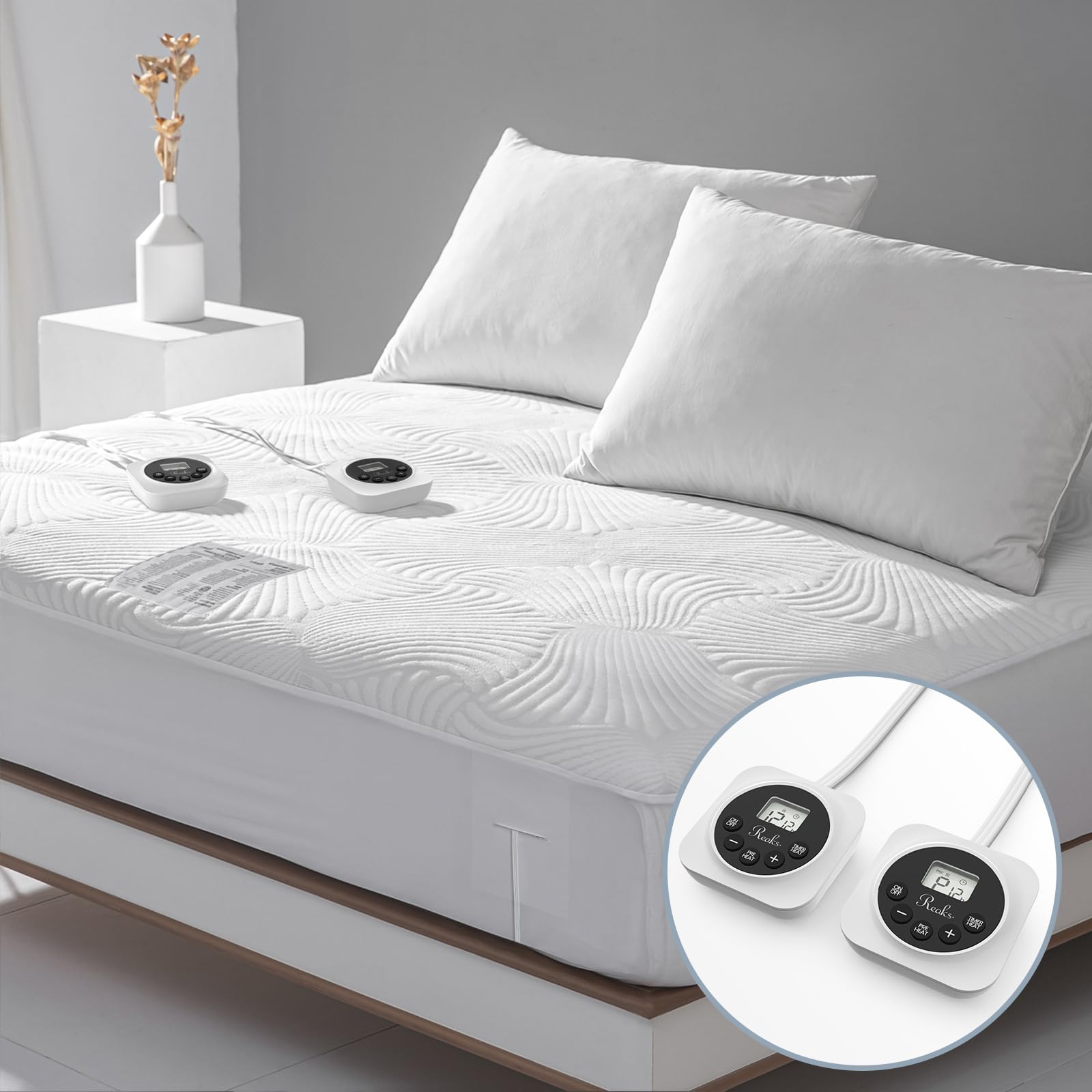 Reaks king-size heated mattress pad front view with inviting warmth