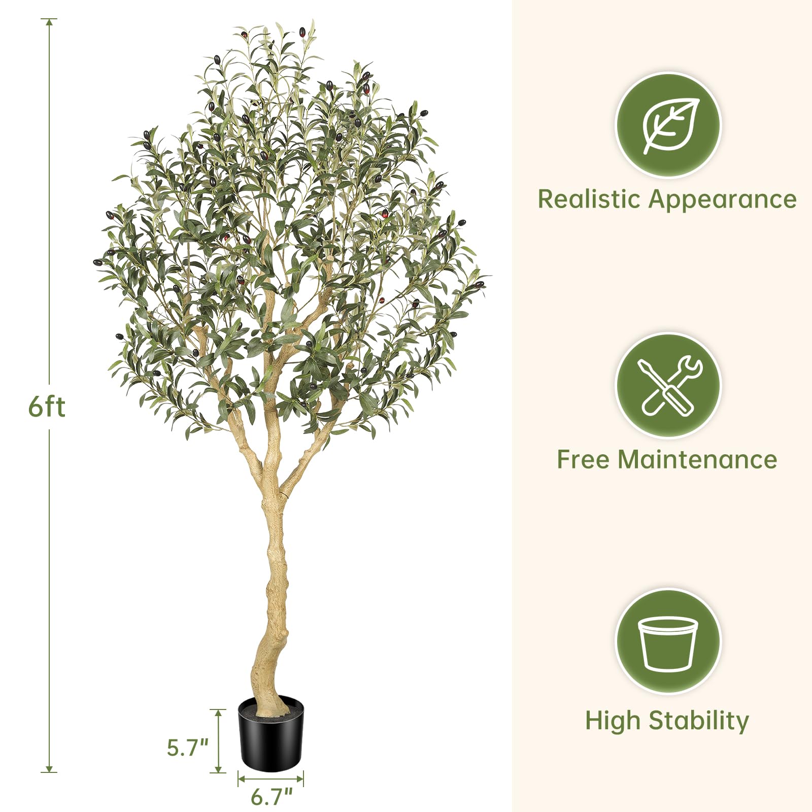 REALEAD artificial olive tree 6ft weighted pot base ensures sturdy stability.
