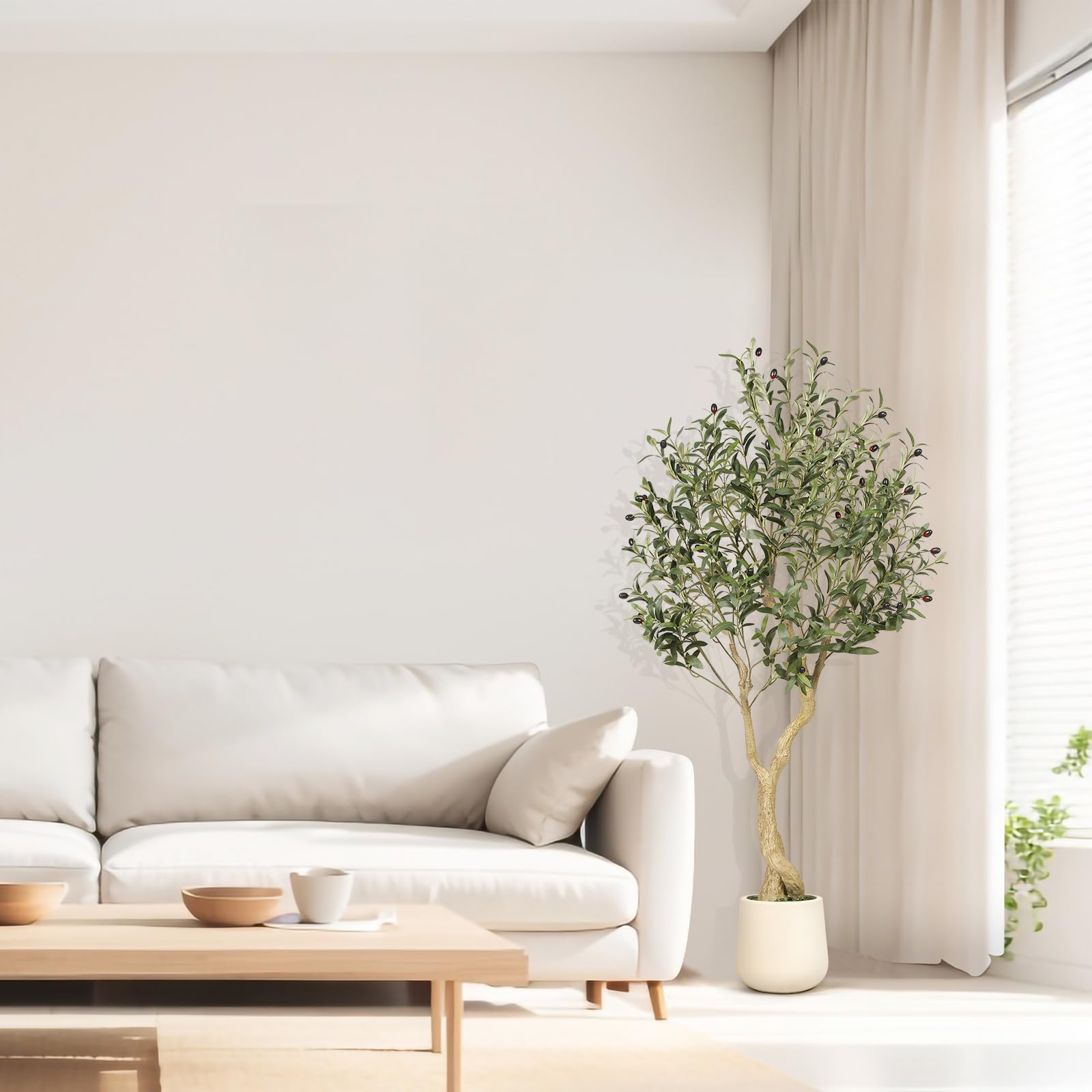 REALEAD artificial olive tree in white planter shows maintenance-free greenery for offices.