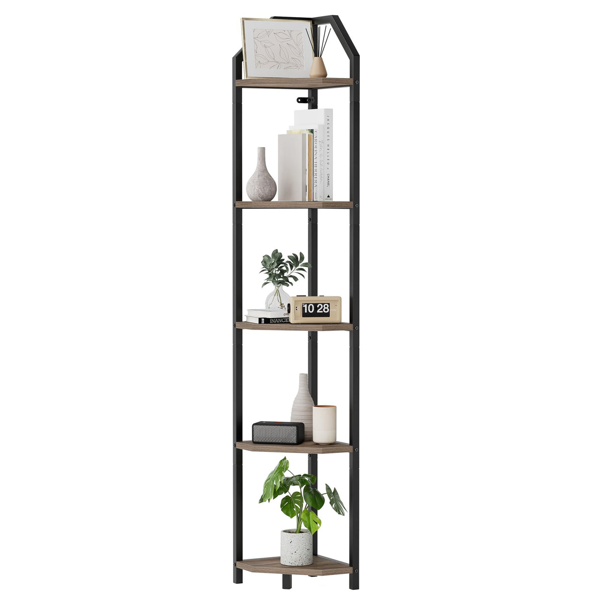 Realgulf 5-tier corner shelf assembly showing compact corner fit and sturdy build.