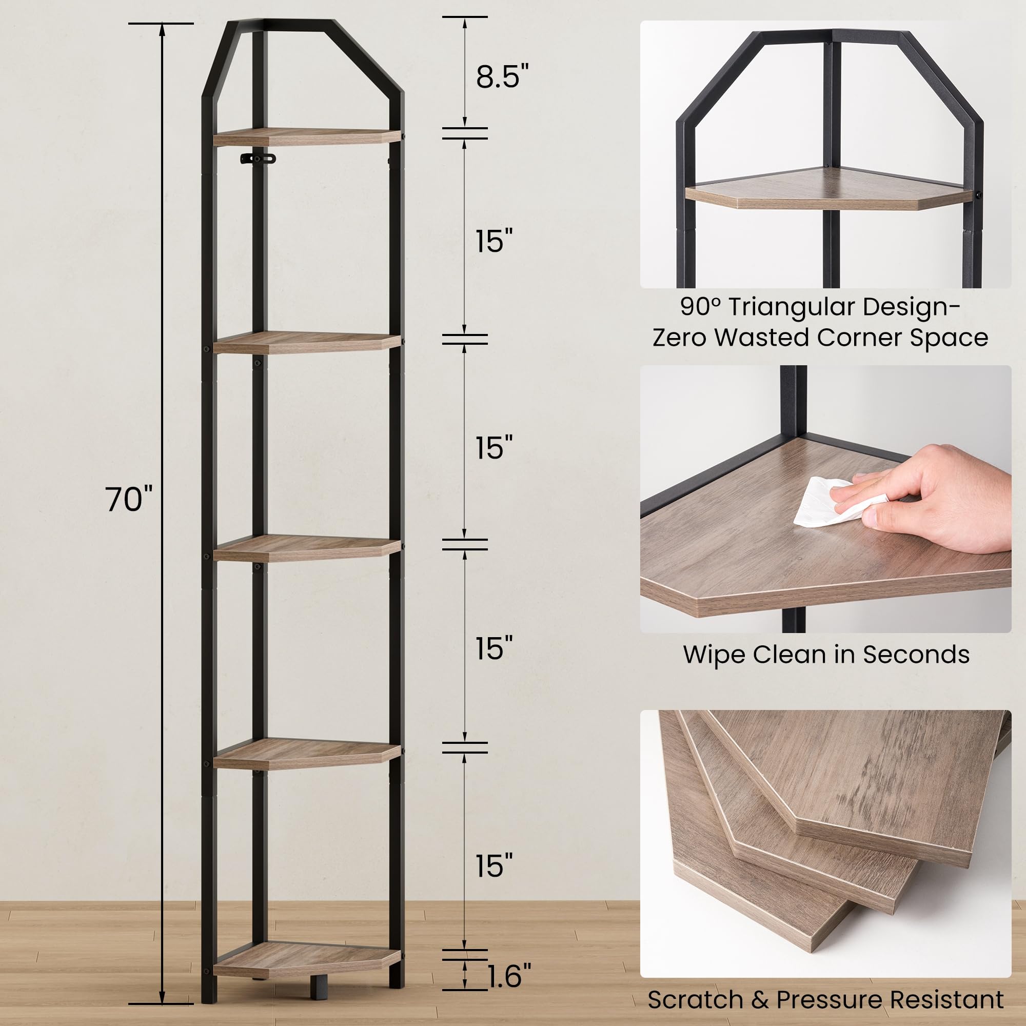 Realgulf 70-inch corner bookshelf elevates vertical storage in living areas.