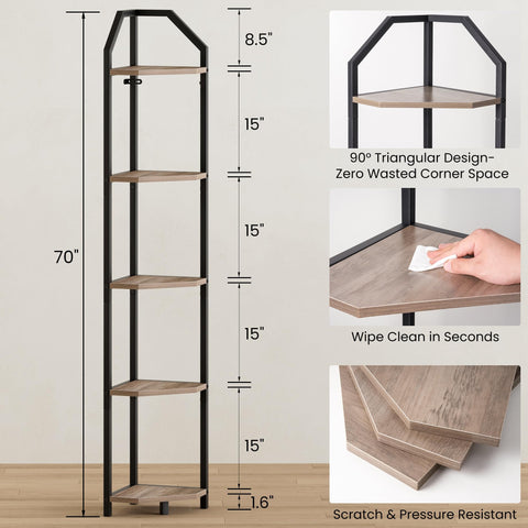 Realgulf 70-inch corner bookshelf elevates vertical storage in living areas.