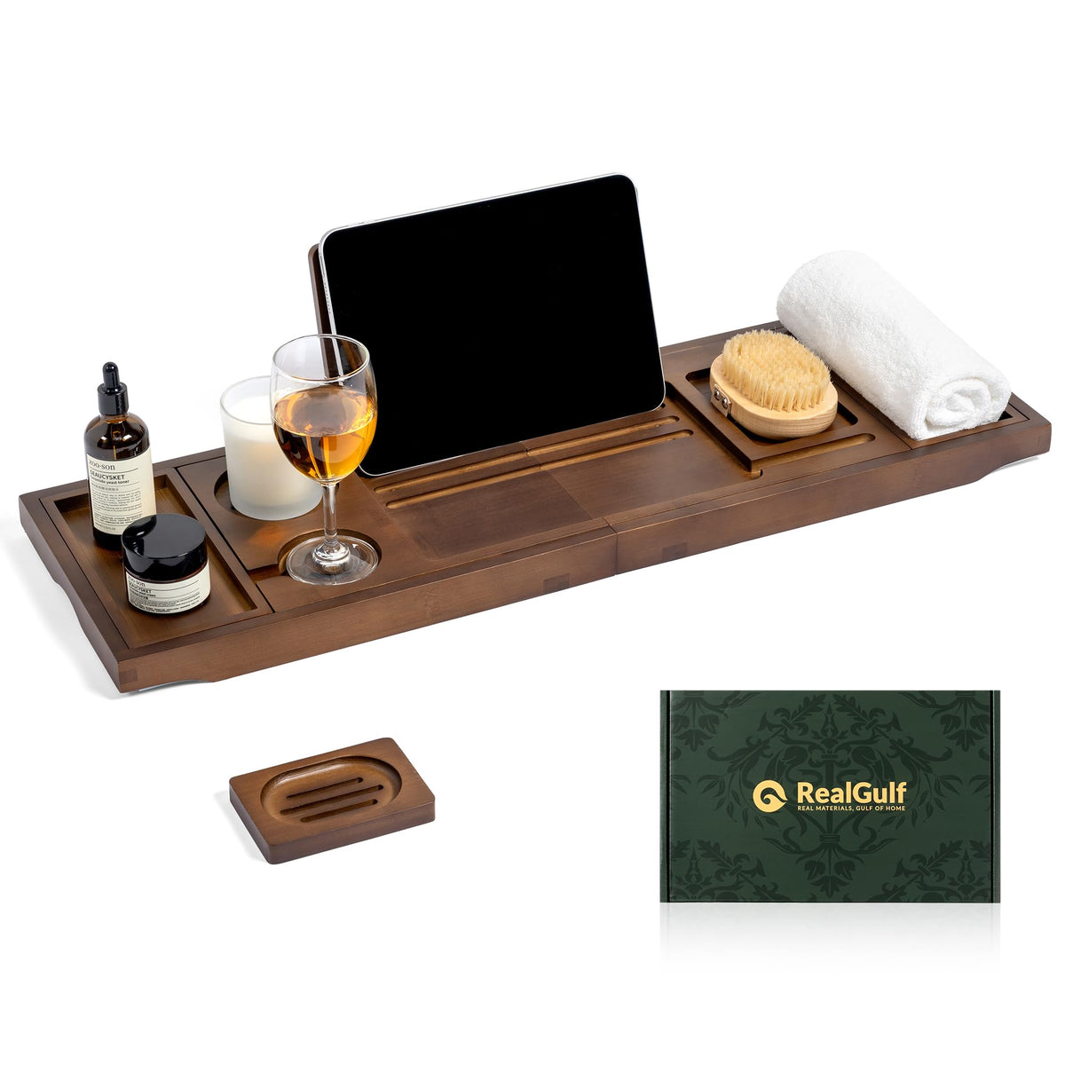 RealGulf bamboo bathtub tray unfolded on tub for hands-free setup