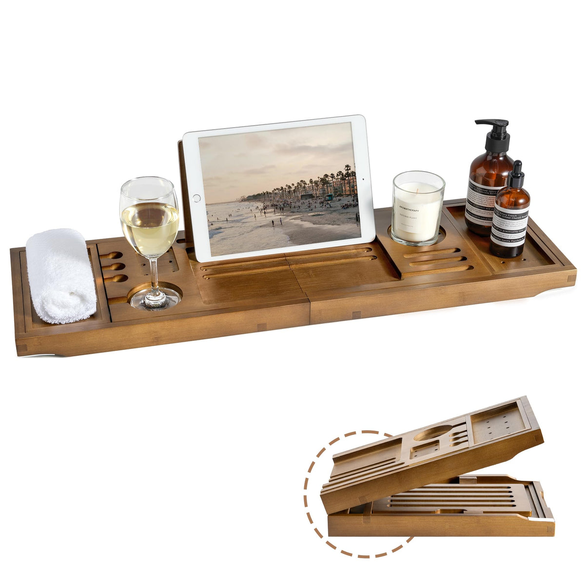 Realgulf bamboo bathtub tray extends to fit 28.5-40 inches for a secure fit.