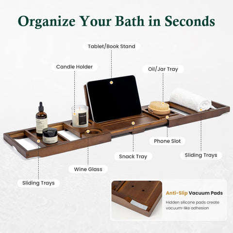 RealGulf bamboo bathtub tray with phone dock keeps devices secure