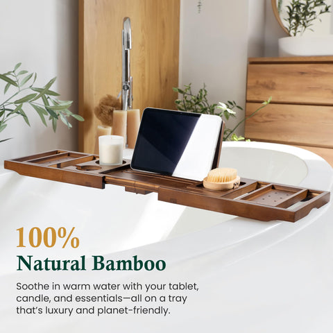 RealGulf bamboo bathtub tray with wine glass holder keeps drinks within reach