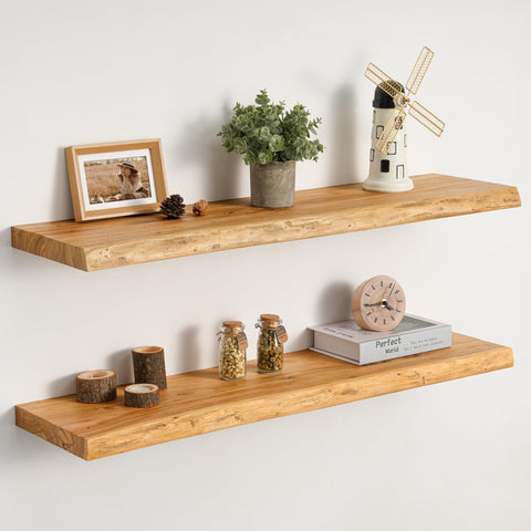 RealGulf 32-inch elm floating shelf with natural finish for living room display.