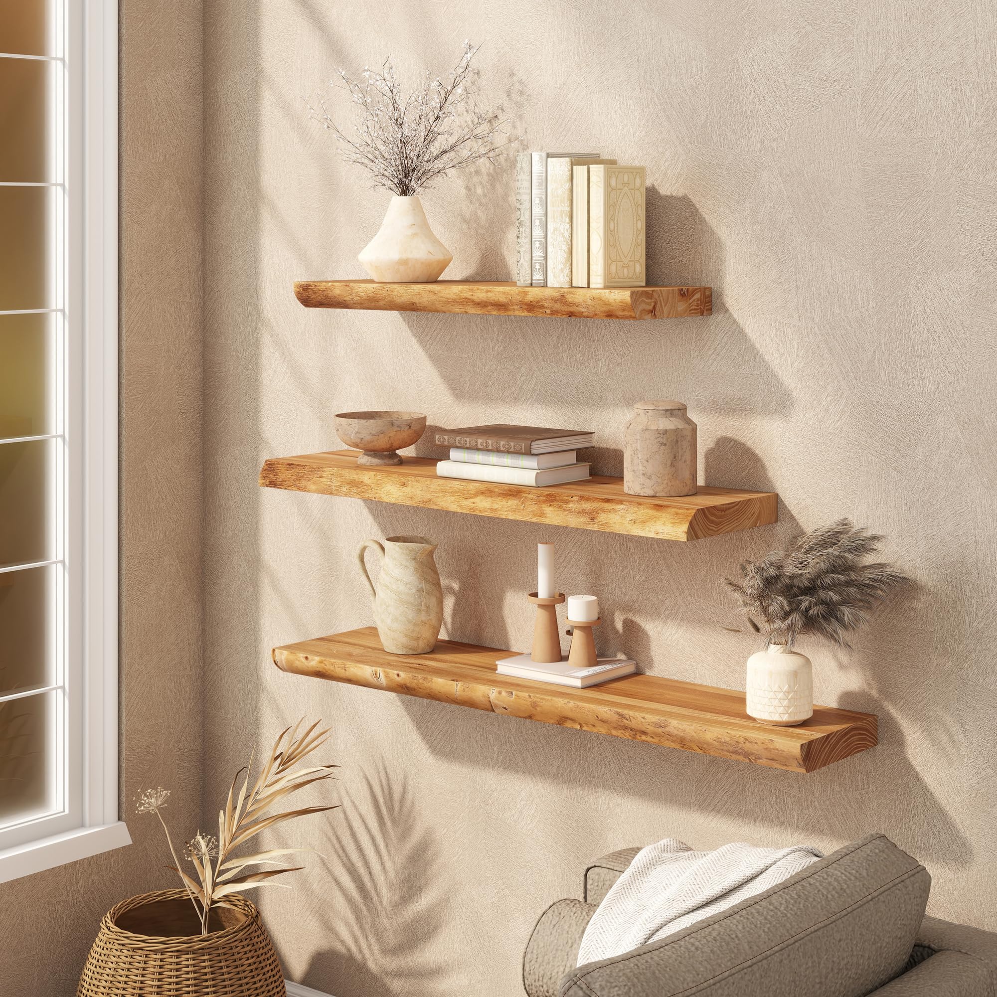 RealGulf elm shelf in bedroom for books and decor in natural tones.