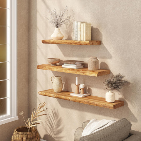RealGulf elm shelf in bedroom for books and decor in natural tones.