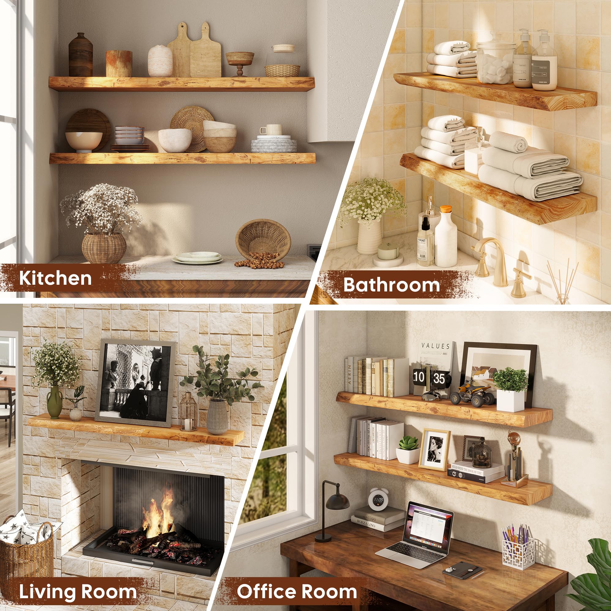 RealGulf living room setup showing wall-mounted shelves and warm wood grain.