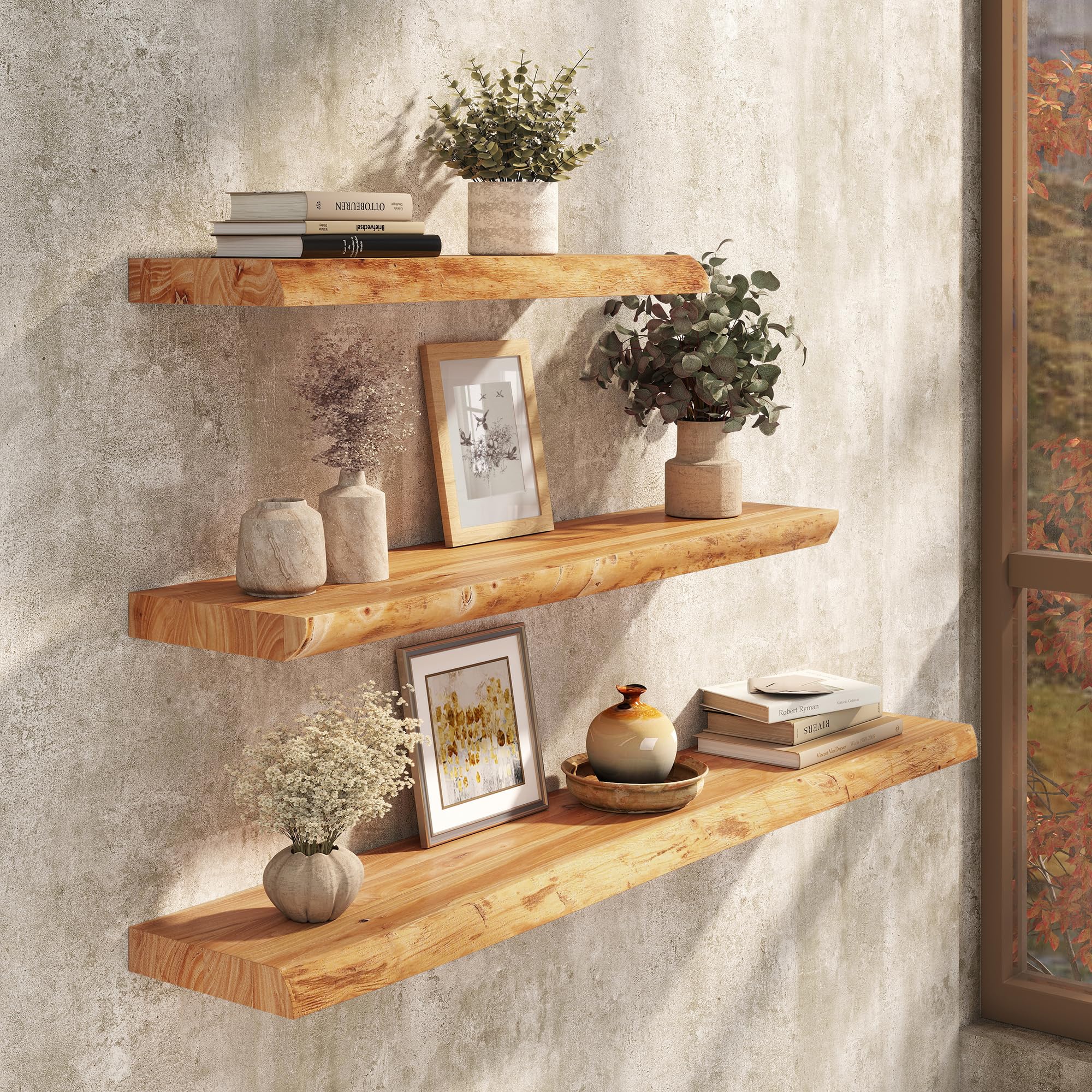RealGulf solid elm wood shelf with live-edge detail for kitchen organization.