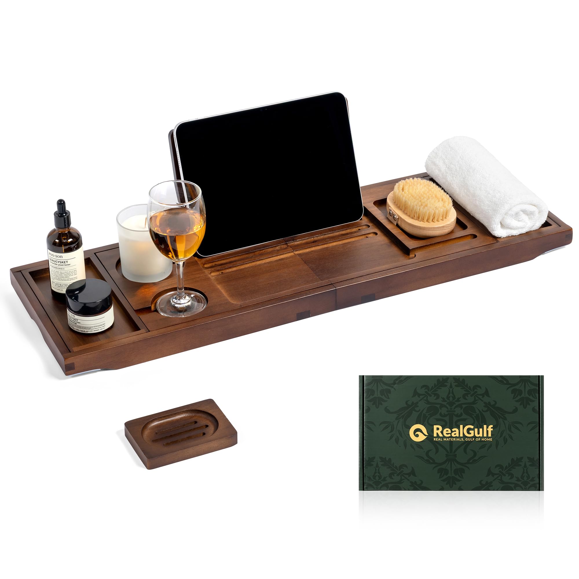 Realgulf teak bathtub tray adjustable across tubs provides a stable hands-free reading setup.