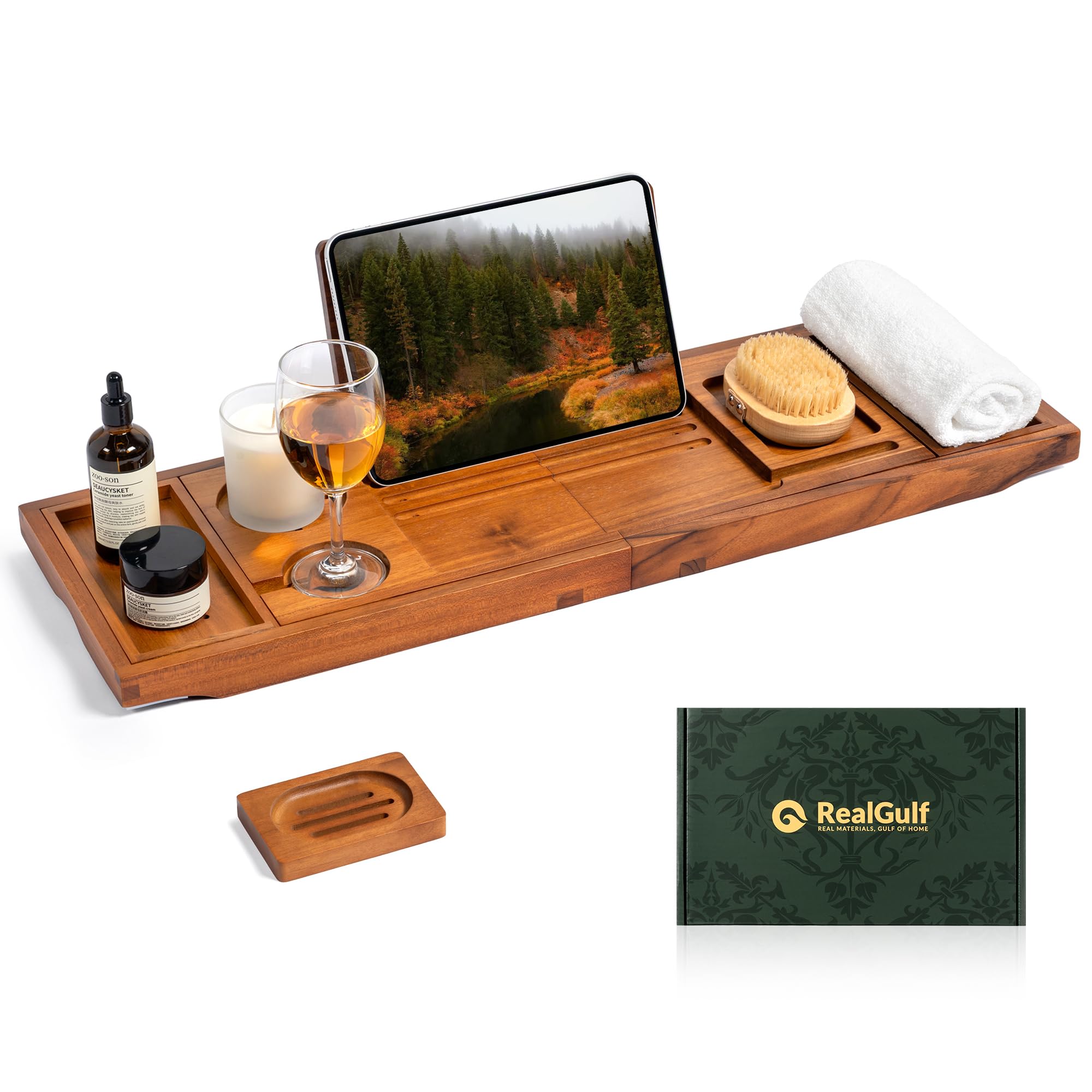 Realgulf teak bathtub tray full span supports hands-free reading