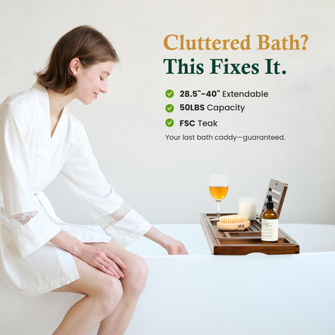 Realgulf teak tray non-slip base keeps tub edge secure during use.