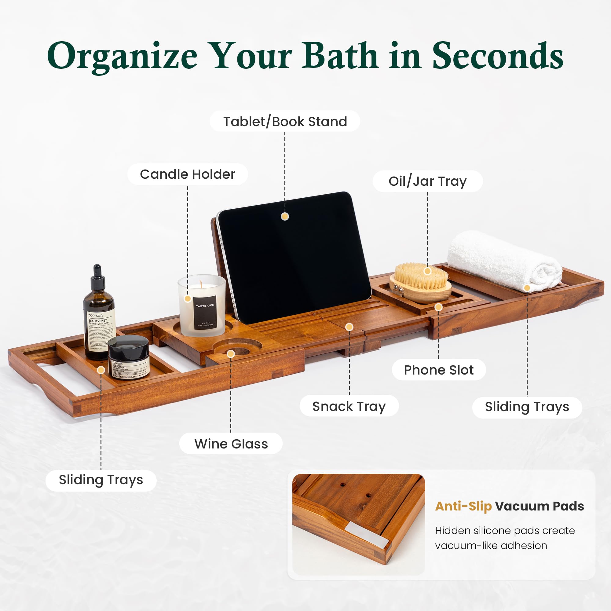 Realgulf teak bathtub tray phone dock keeps device within reach