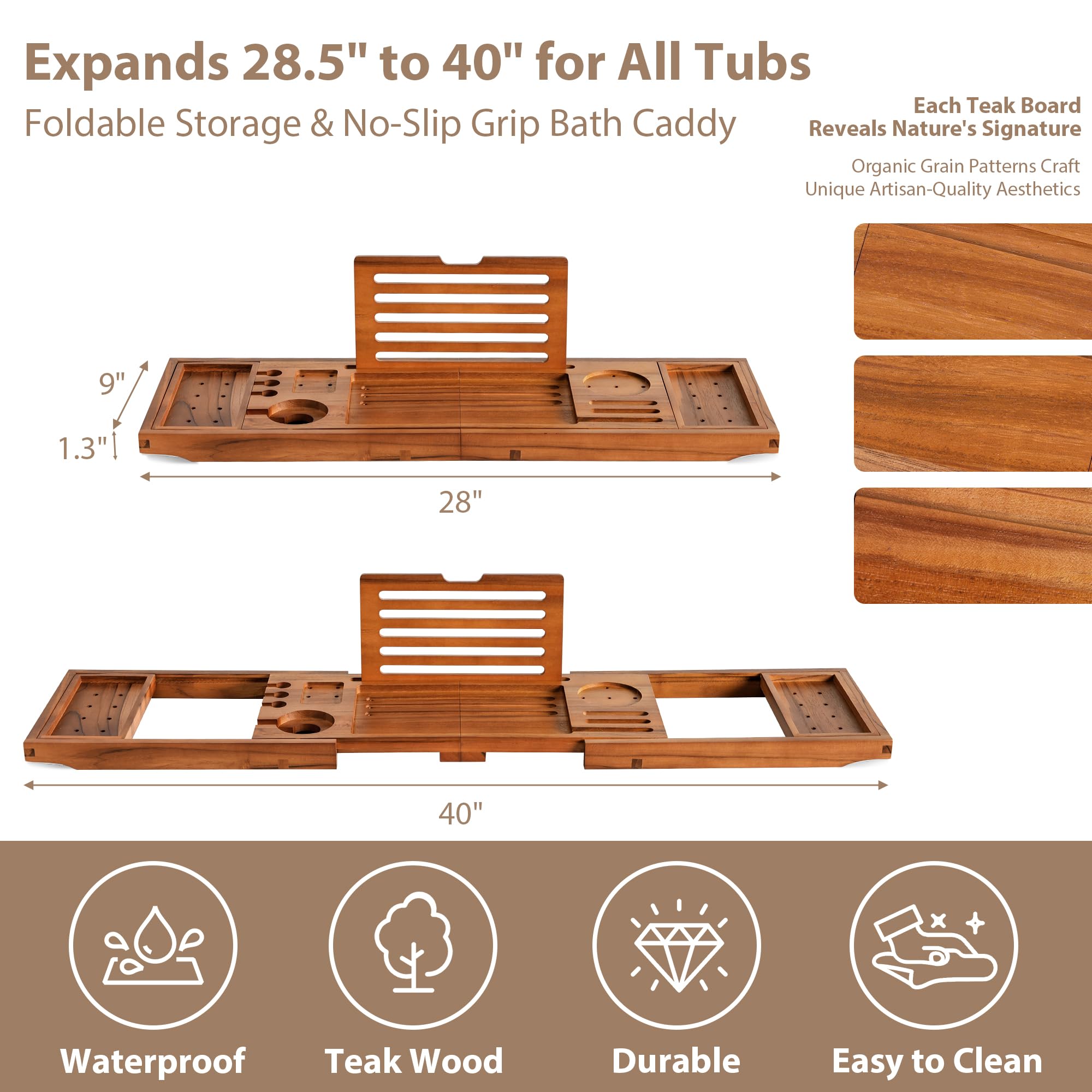 Realgulf teak bathtub tray splash-proof surface folds flat for storage