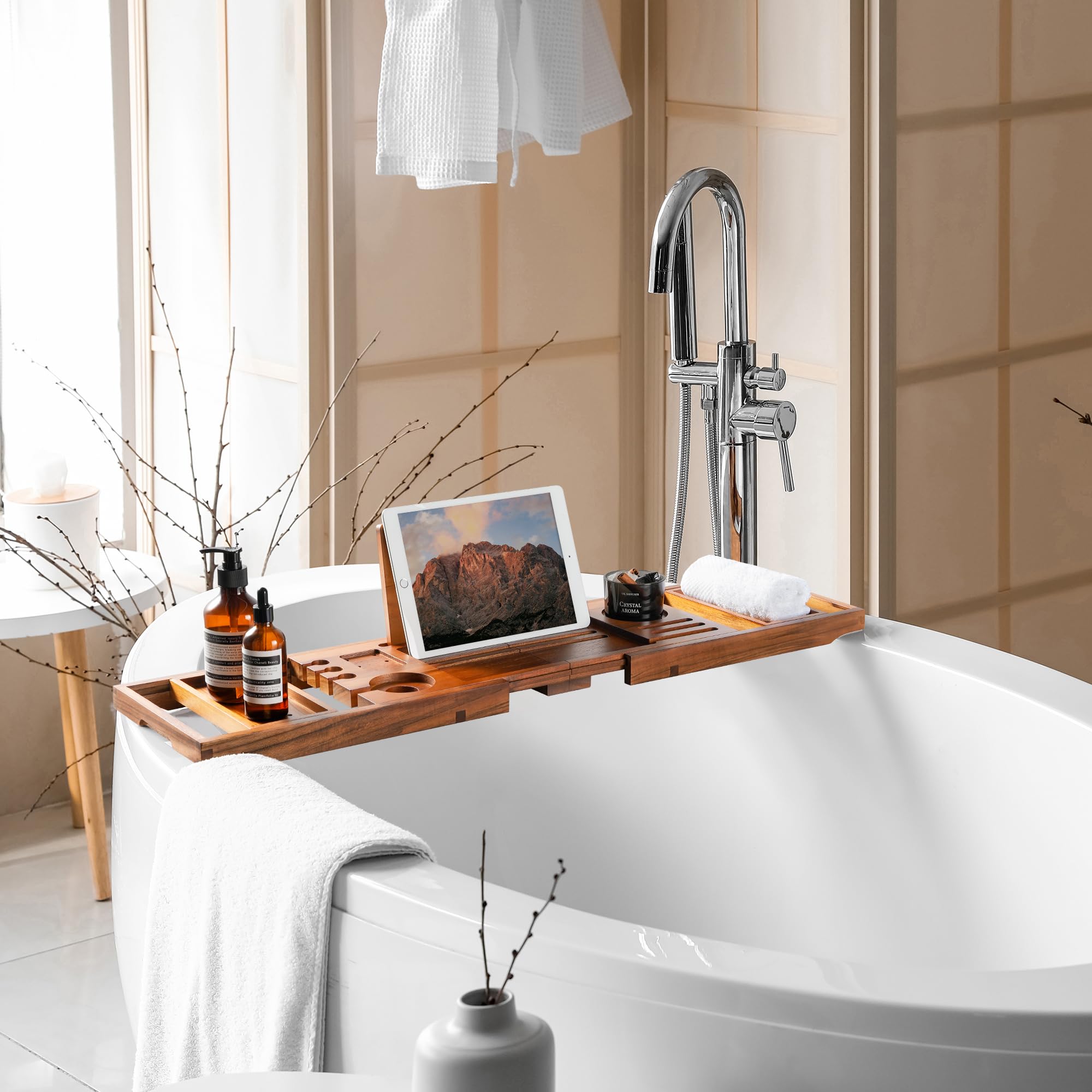 Realgulf teak bathtub tray tablet stand at a glare-free 15° angle