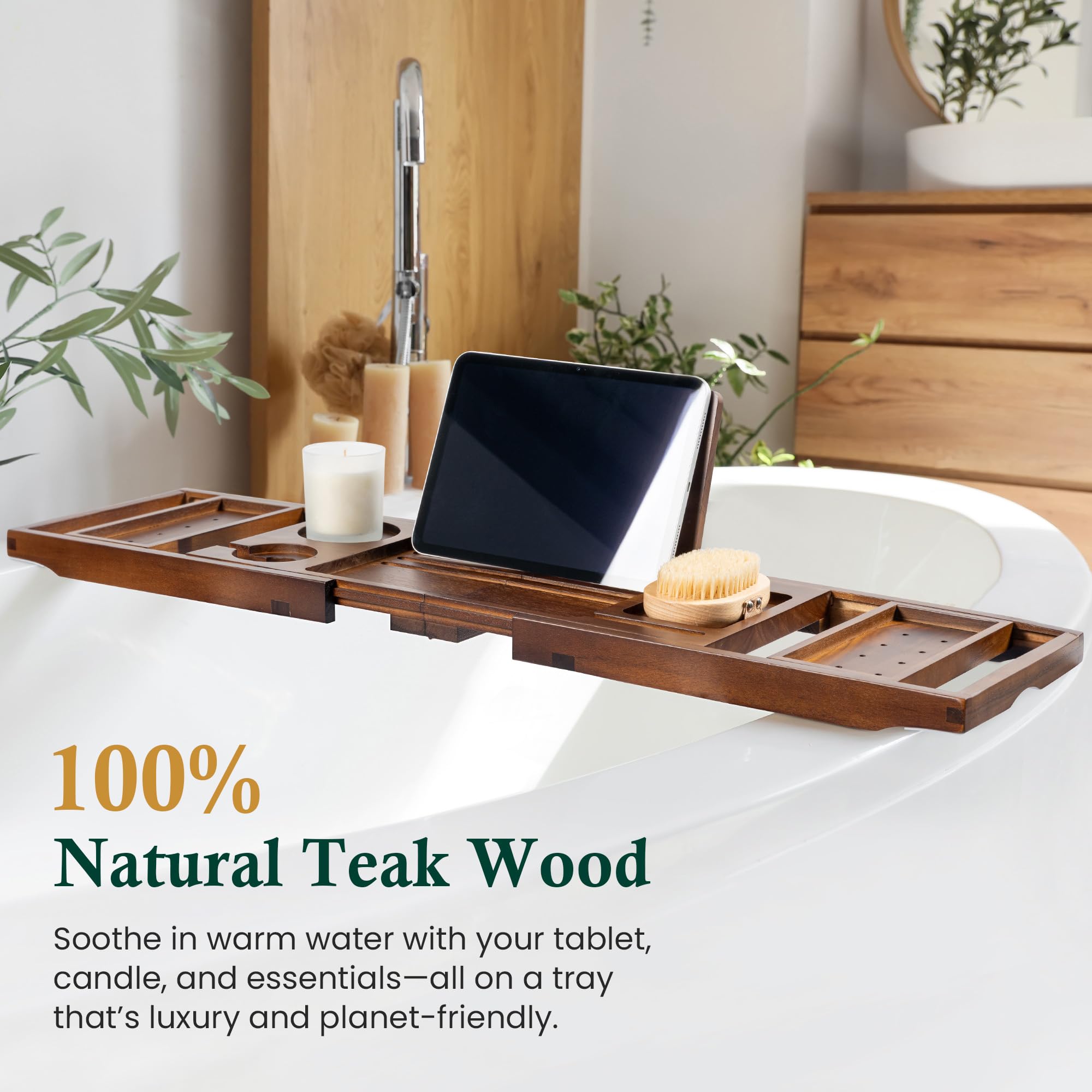 Realgulf teak bathtub tray with wine glass holder supports relaxed spa-style enjoyment.