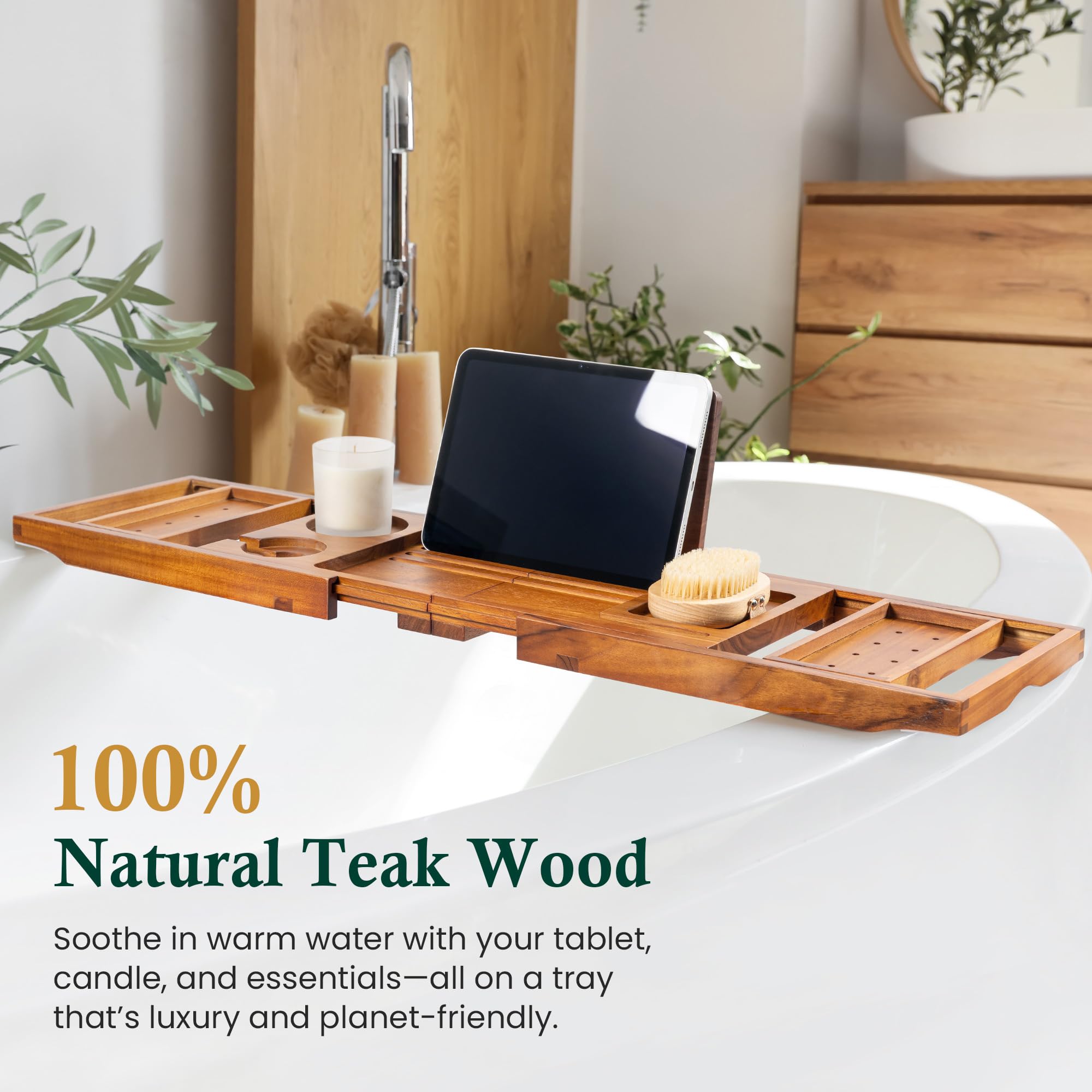 Realgulf teak bathtub tray wine glass slot keeps drinks secure
